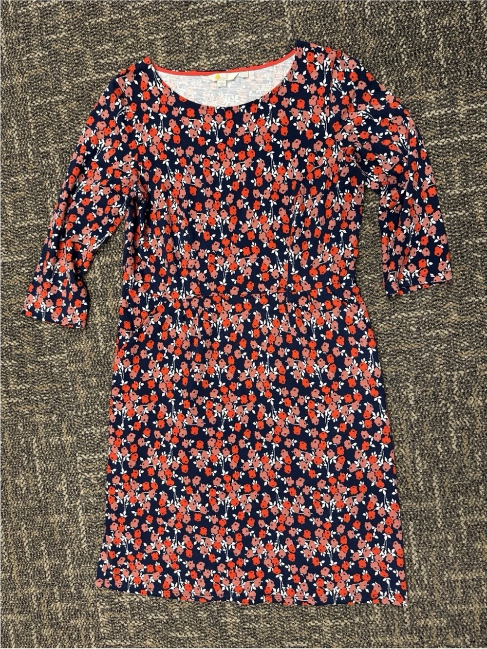 Boden Navy Coral Floral Print 3/4 Sleeve Cotton Jersey Shift Dress 12R